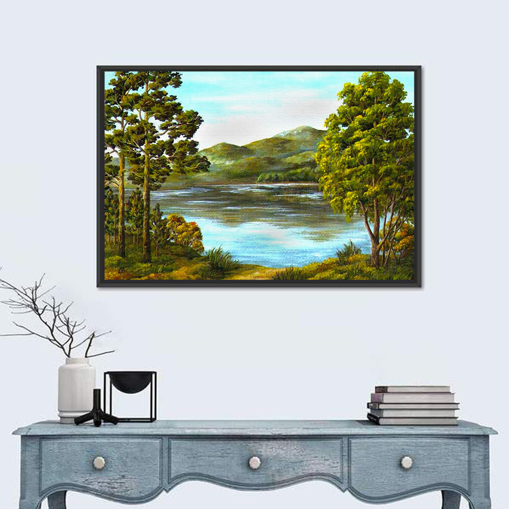 Tranquil Mountain Lake Wall Art in a room, landscape