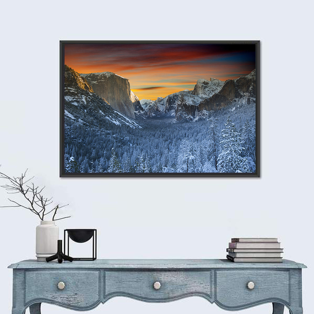 Yosemite Valley Winter Sunset Wall Art in a room, landscape