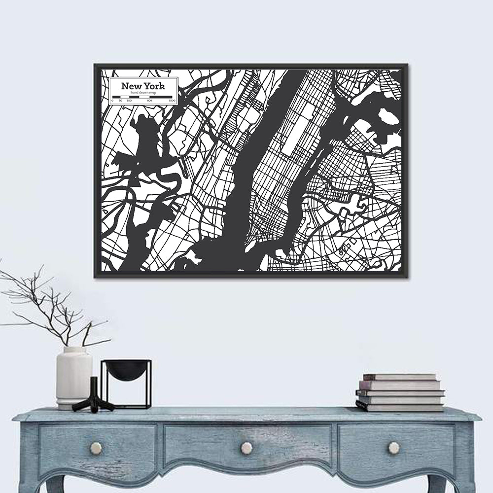 New York City Map Black and White Wall Art