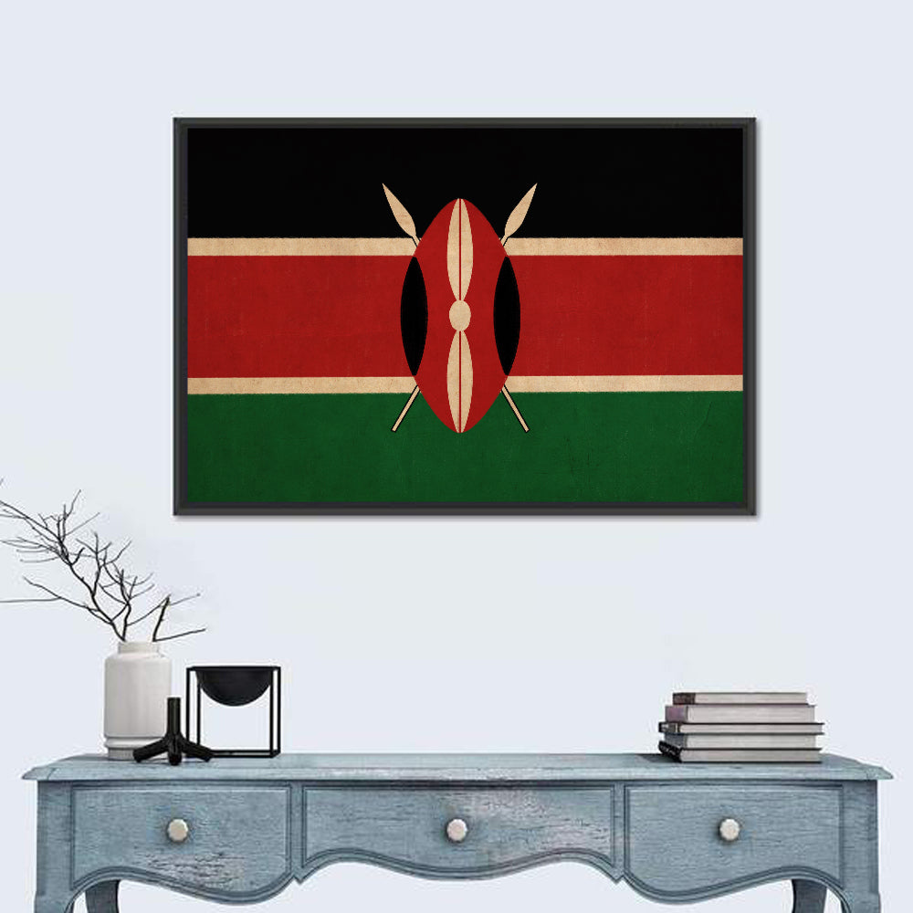 Kenyan Flag with Shield Emblem Wall Art in a room, landscape