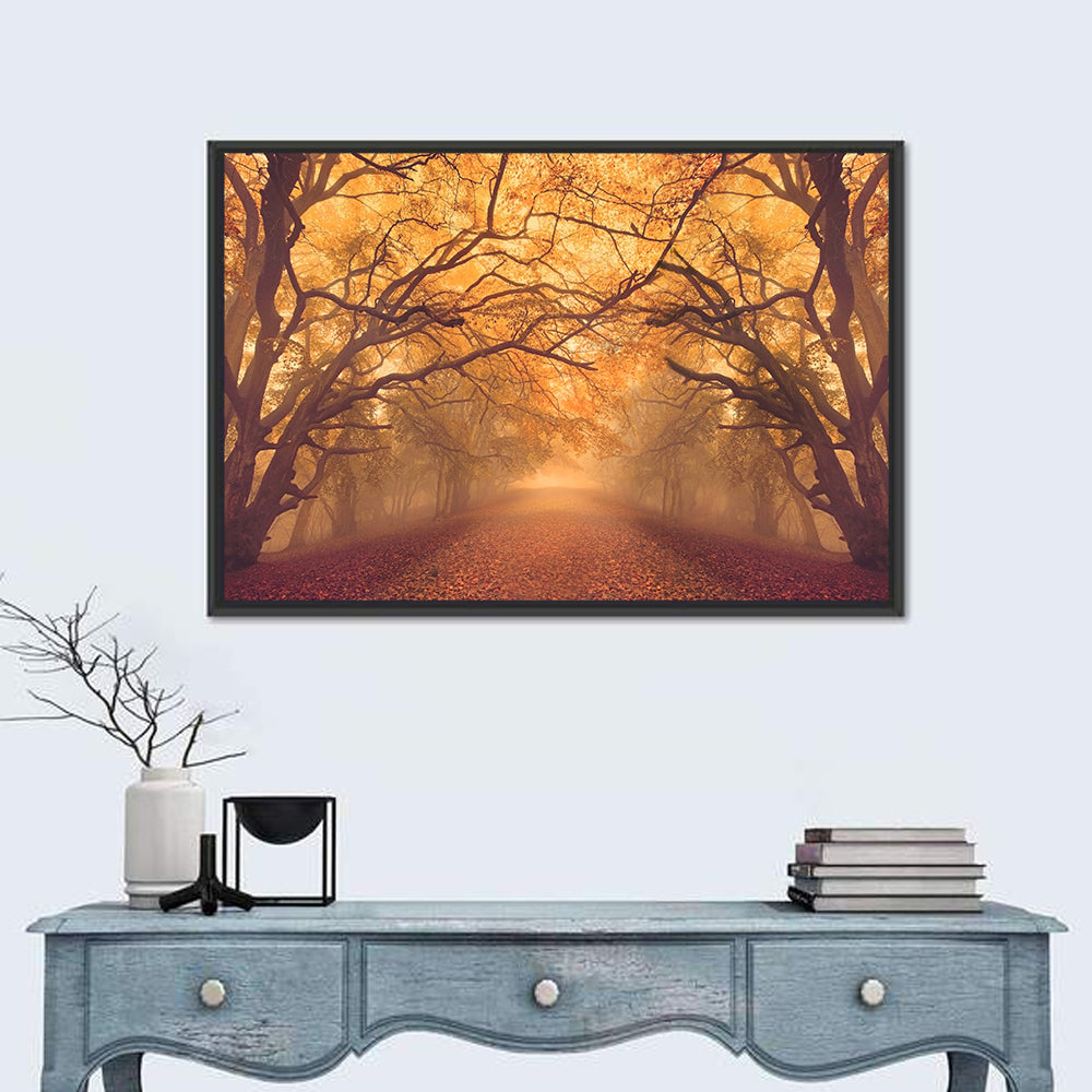 Golden Autumn Forest Path Wall Art in a room, landscape