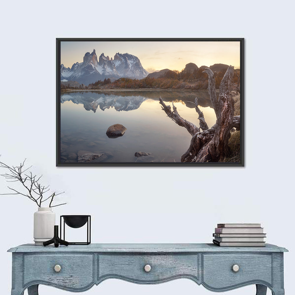 Cuernos Peaks and Driftwood, Pehoe Lake Wall Art in a room, landscape