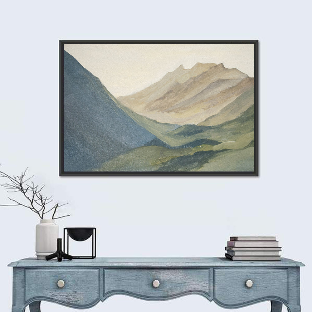 Dawn Over Layered Mountains Wall Art in a room, landscape