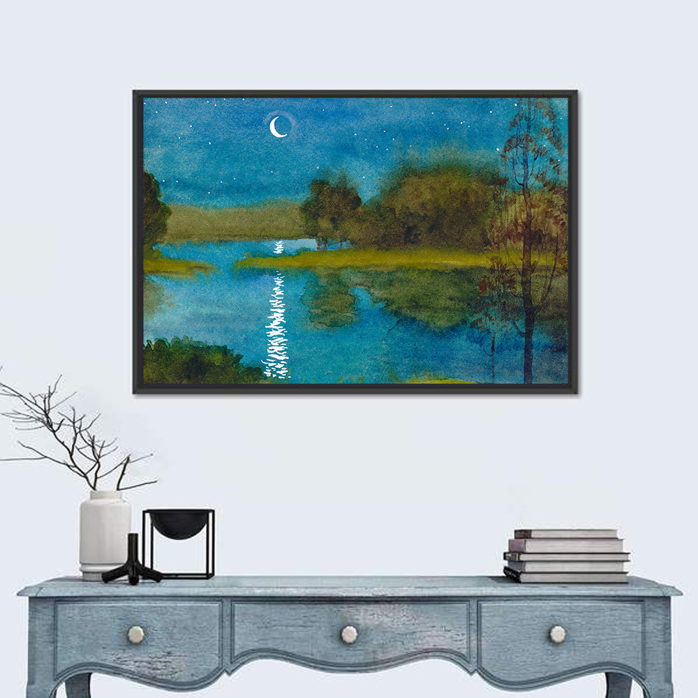 Quiet River Under Moonlight Wall Art in a room, landscape