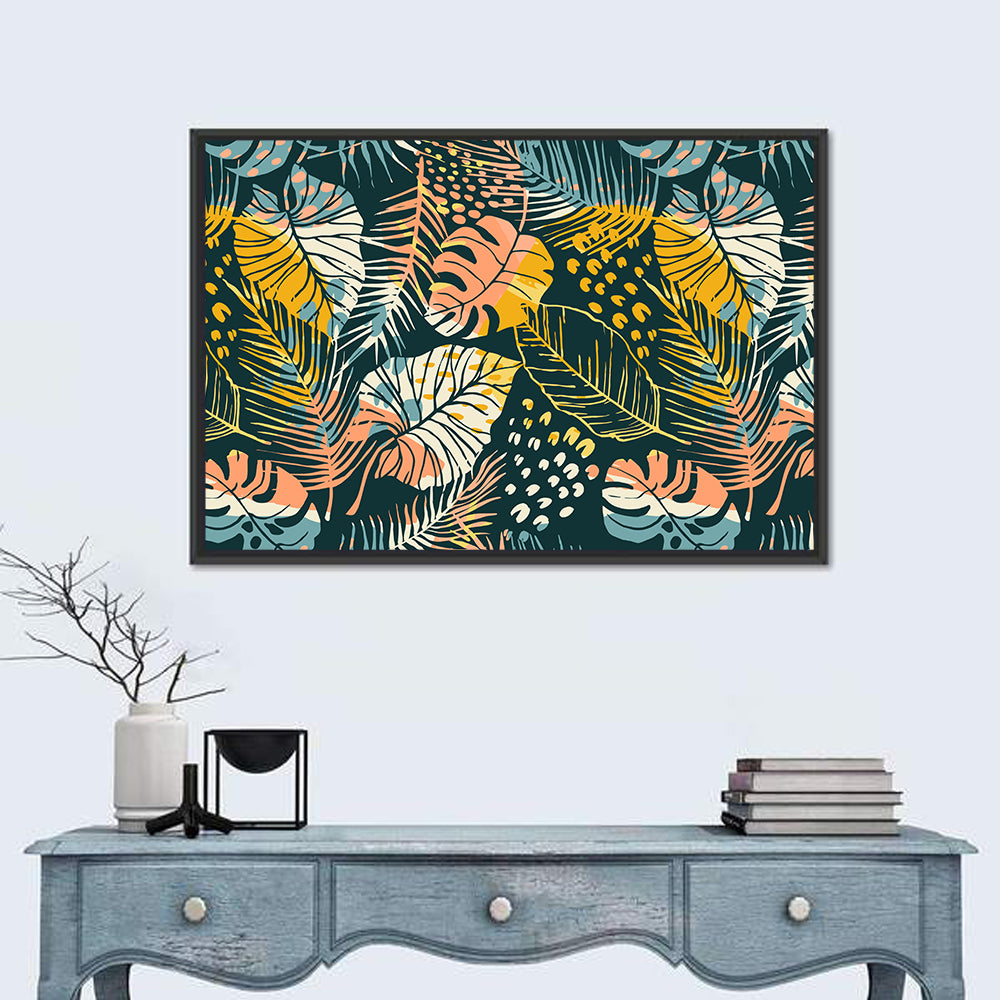 Tropical Monstera Palm Pattern Wall Art in a room, landscape