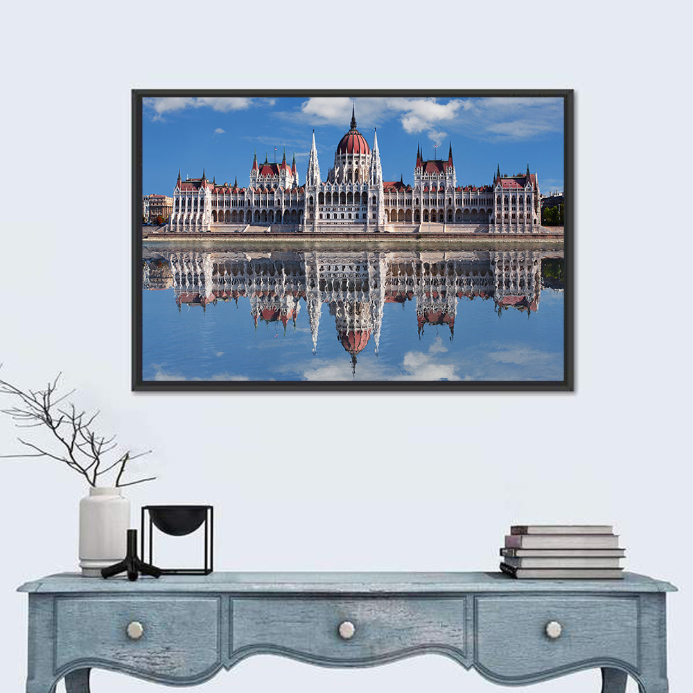 Hungarian Parliament Dome Reflection Wall Art in a room, landscape