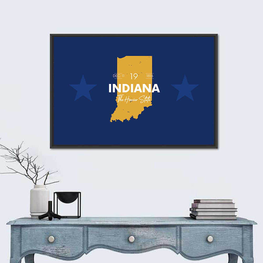 Indiana Typographic Map Wall Art in a room, landscape