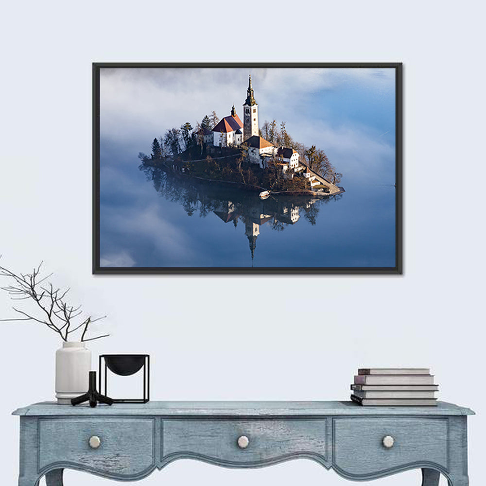 Bled Island Morning Fog Wall Art in a room, landscape