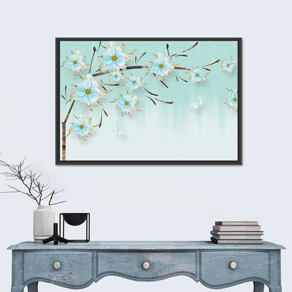 Ethereal Blue Floral Branch Wall Art in a room, landscape