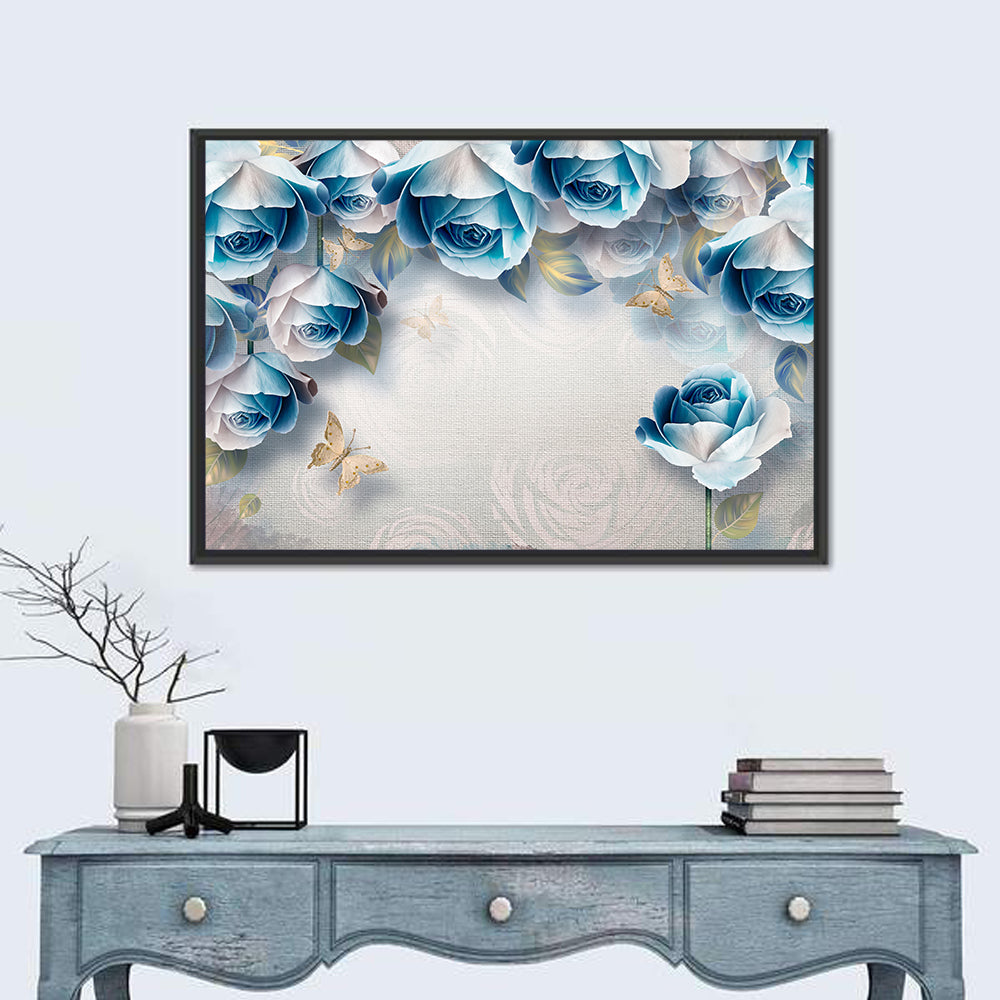 Blue Rose Border with Gold Butterflies Wall Art