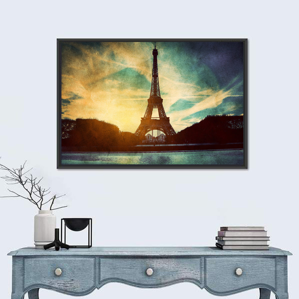Eiffel Tower Sunset Reflection Wall Art in a room, landscape