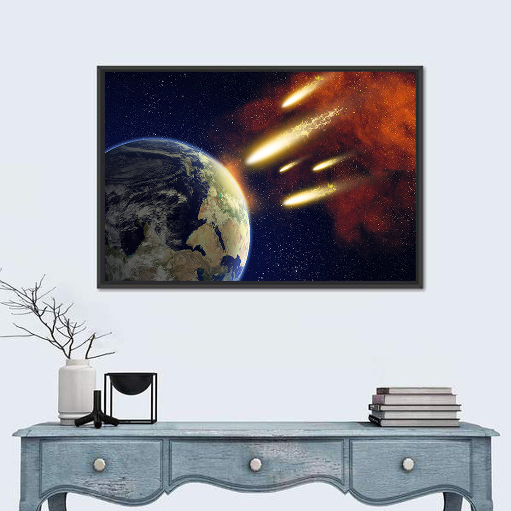 Earth and Flying Asteroids Wall Art in a room, landscape