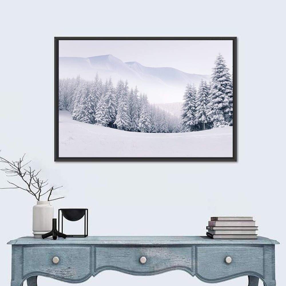 Foggy Winter Mountains Wall Art in a room, landscape