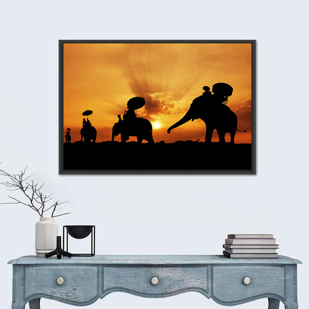 Thai Sunset Elephant Silhouette Wall Art in a room, landscape