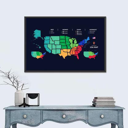 Color Coded US Regions Map Wall Art