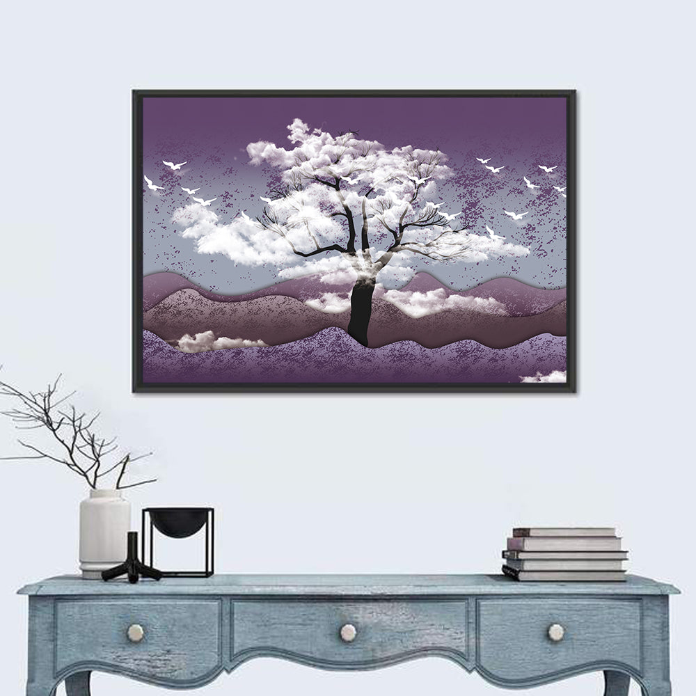 Ethereal Purple Tree Landscape Wall Art in a room, landscape