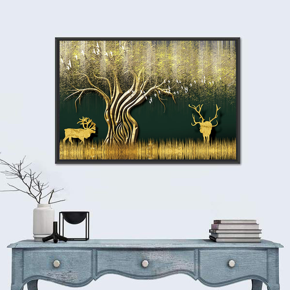Golden Jungle Deer Scene Wall Art