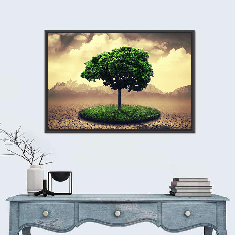 Circular Grass Oasis with Lone Tree Wall Art in a room, landscape