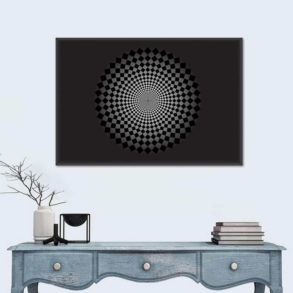 Monochrome Checkerboard Spiral Wall Art in a room, landscape