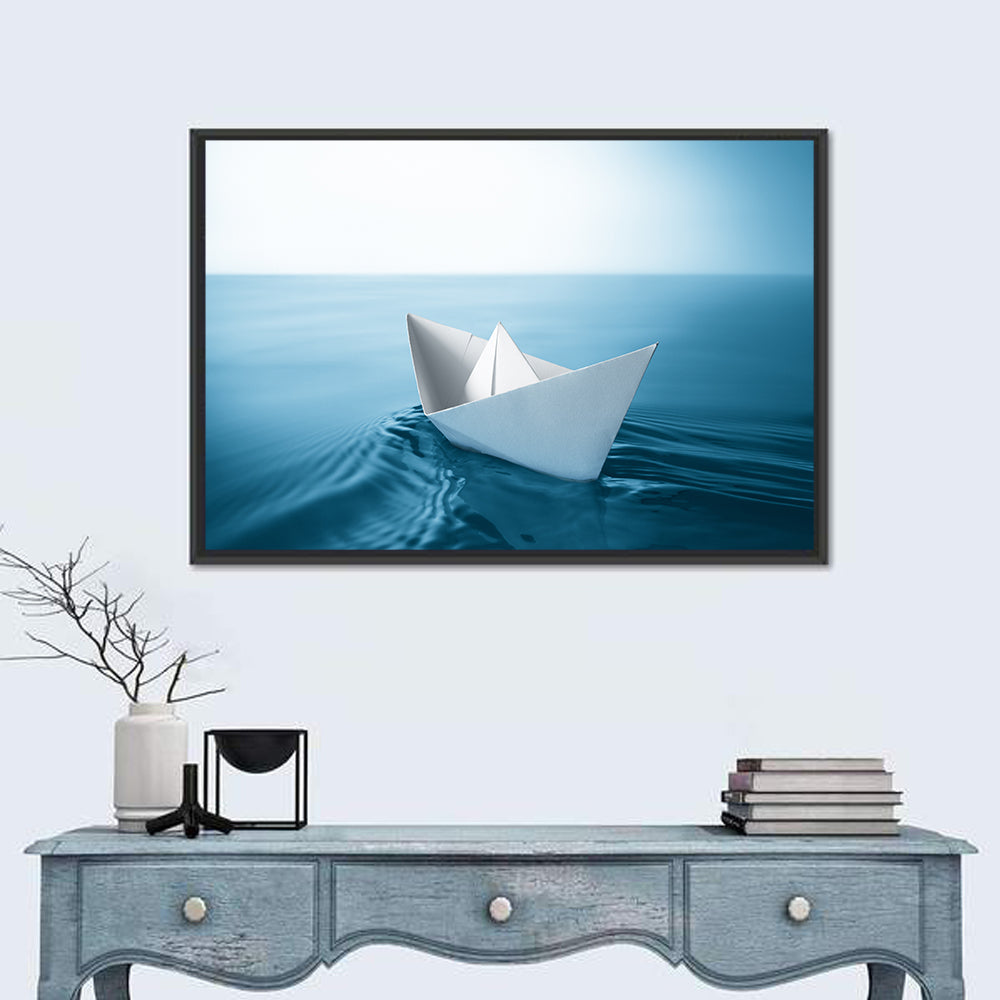 Paper Sailboat on Blue Water Wall Art
