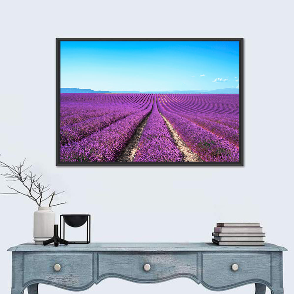 Lavender Flower Fields Wall Art in a room, landscape