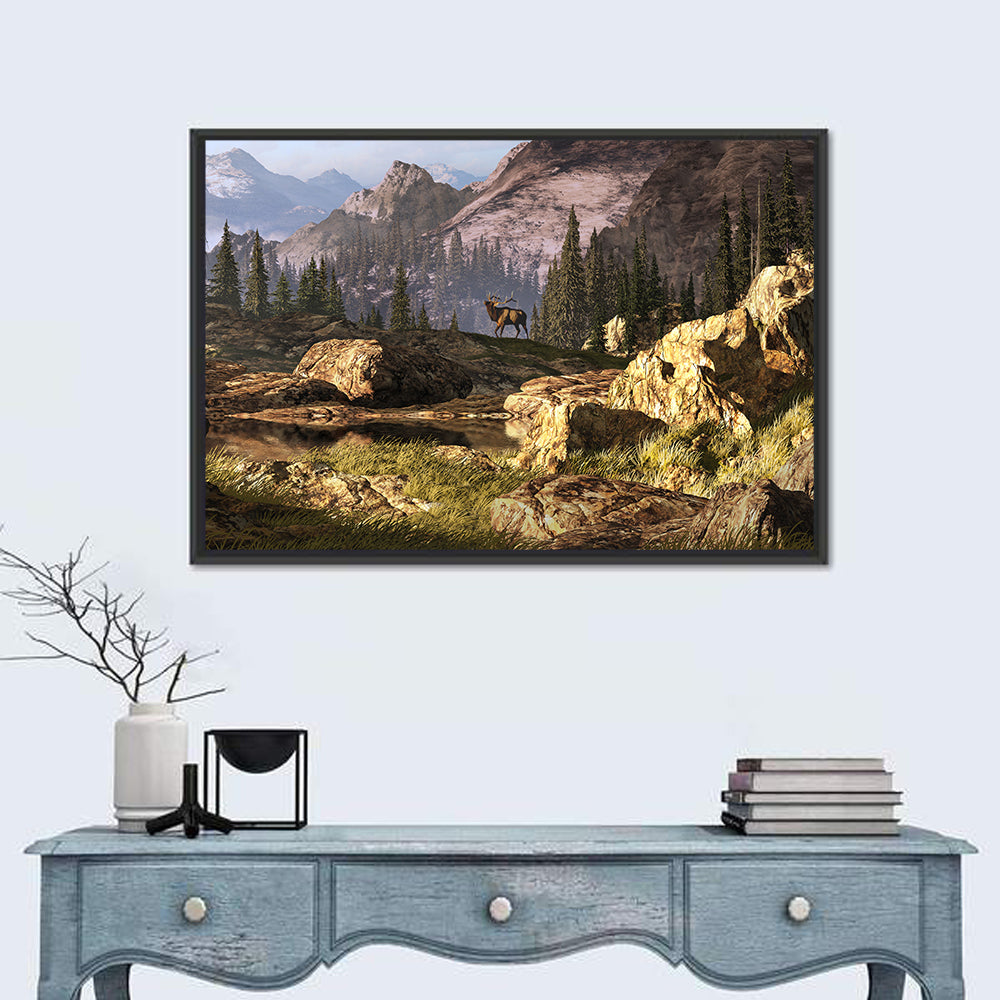 Elk in the Rocky Mountains Wall Art in a room, landscape