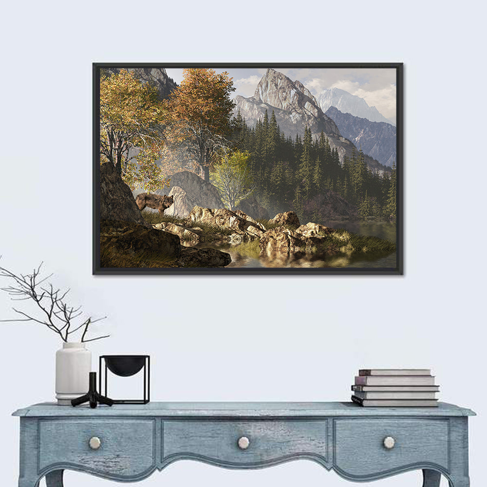 Wolf in the Rocky Mountains Wall Art in a room, landscape