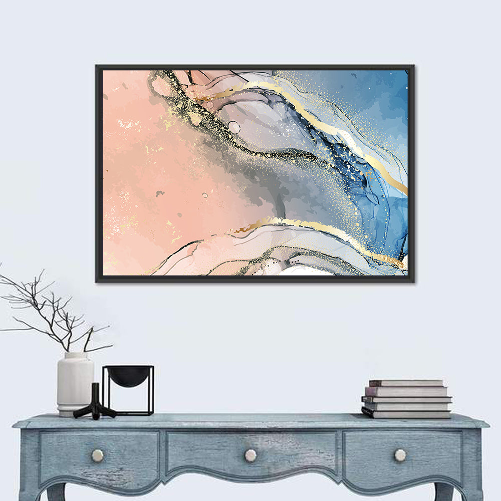 Oriental Gold Ink Illustration Wall Art in a room, landscape