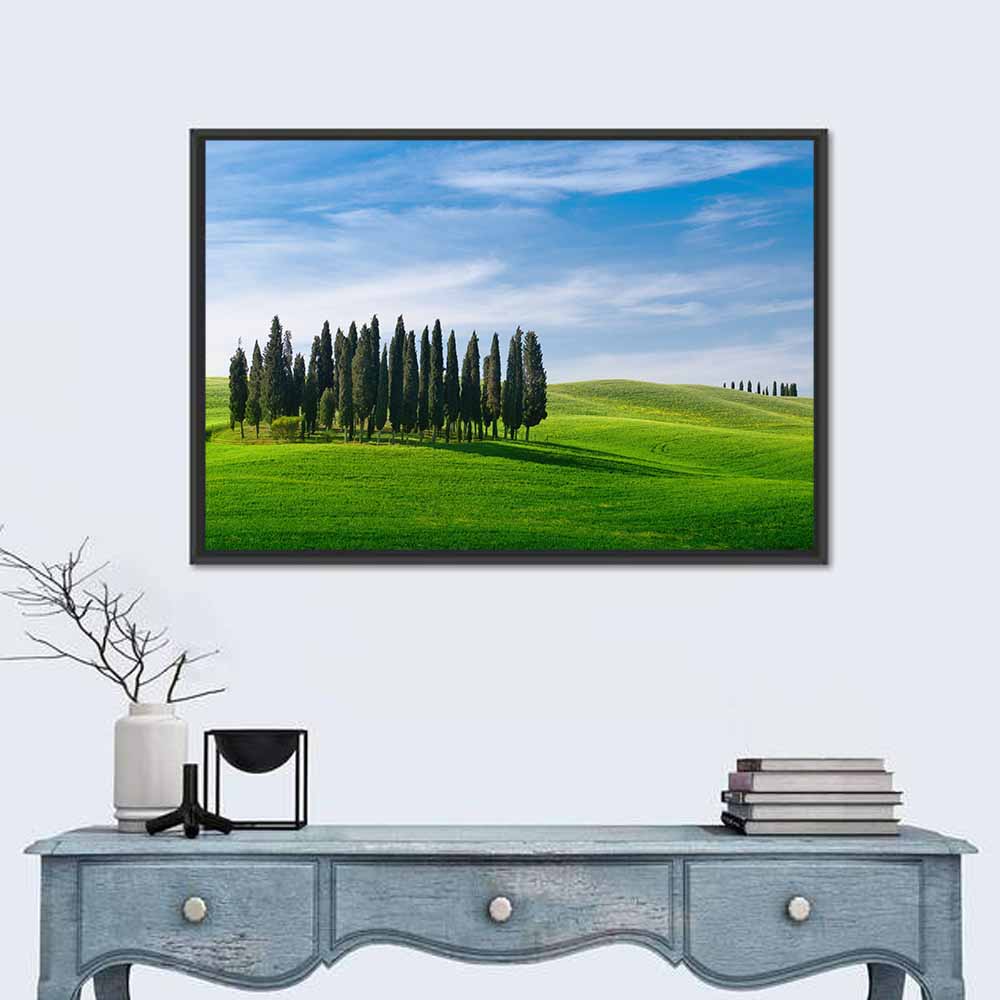 Tuscany Rolling Hills with Cypresses Wall Art in a room, landscape