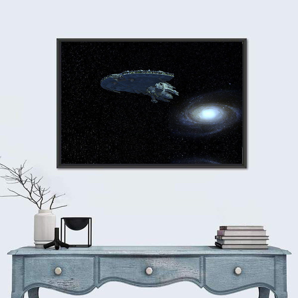 Starship Over Spiral Galaxy Wall Art in a room, landscape