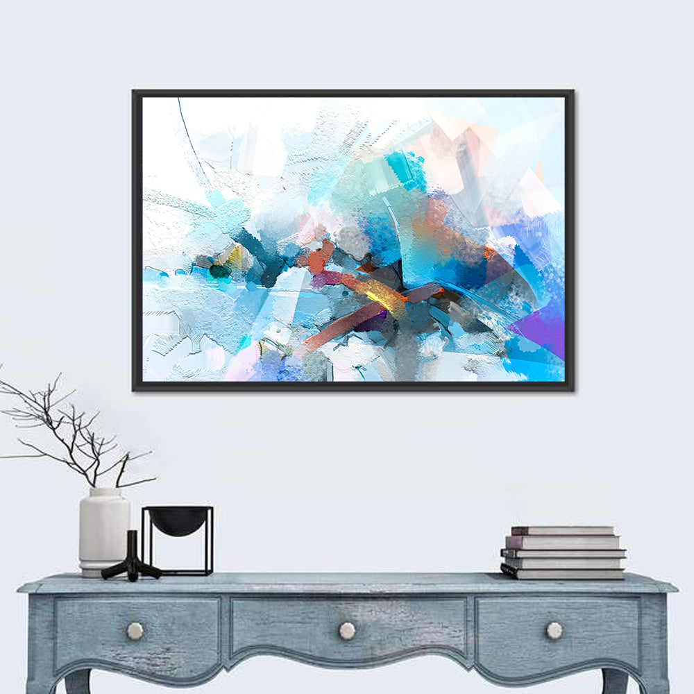 Colorful Brushstrokes with Geometric Planes Wall Art in a room, landscape