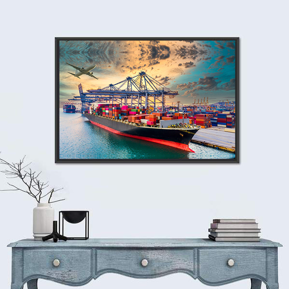 Container Ship in Harbor Wall Art in a room, landscape