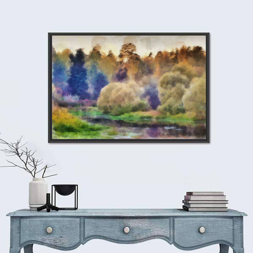 Misty Forest River Watercolor Wall Art in a room, landscape