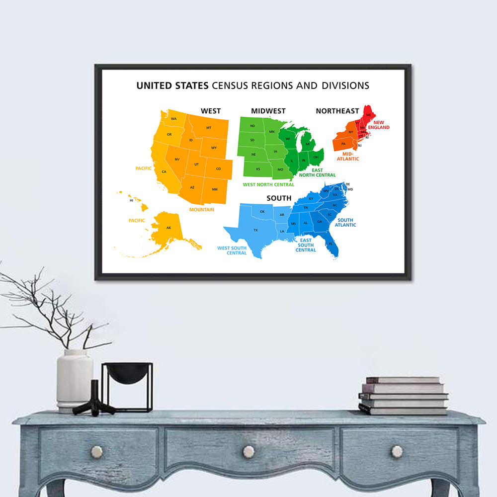 United States Census Regions Map Wall Art in a room, landscape