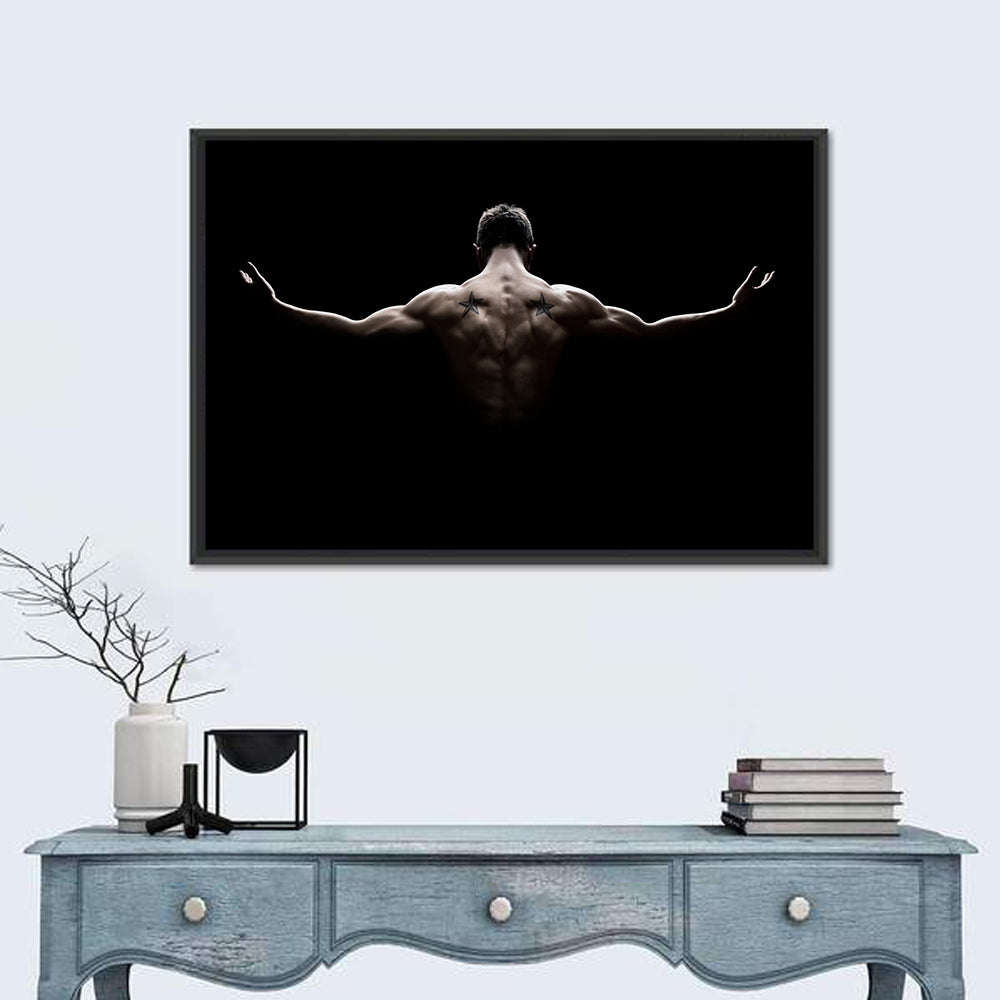 Muscular Back with Nautical Star Tattoos Wall Art in a room, landscape