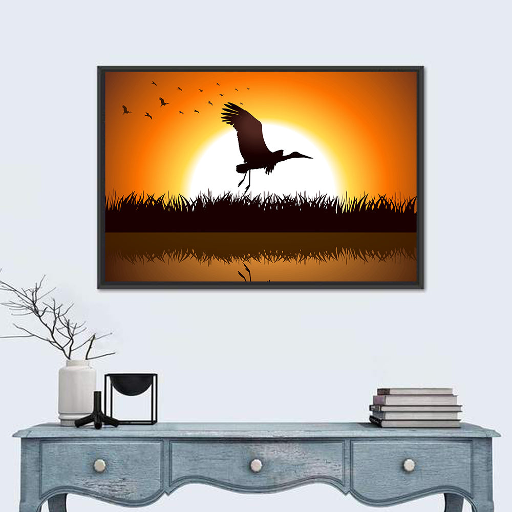 Stork Silhouette at Sunset Wall Art in a room, landscape