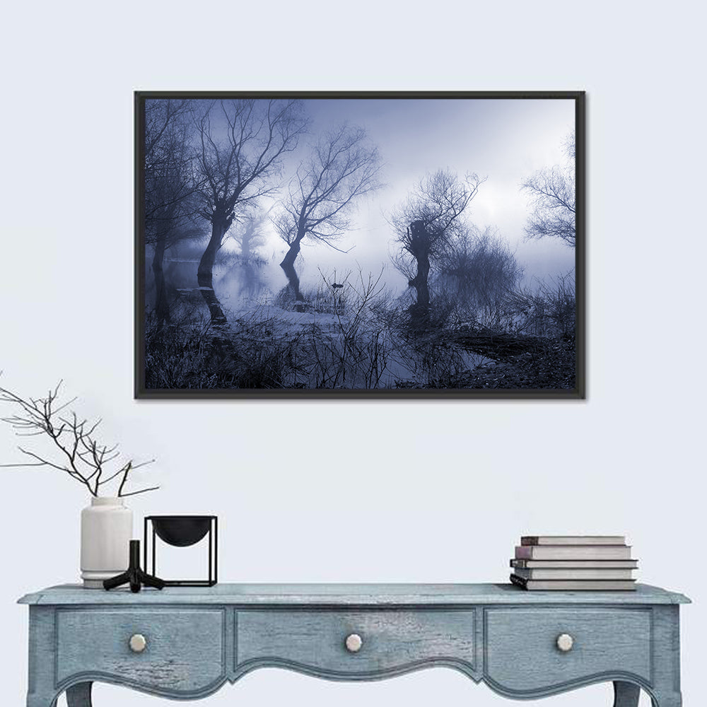 Misty Forest Lake Reflections Wall Art in a room, landscape