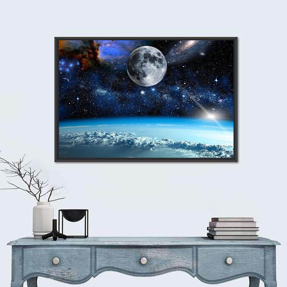 Earth and Moon Over Clouds Wall Art