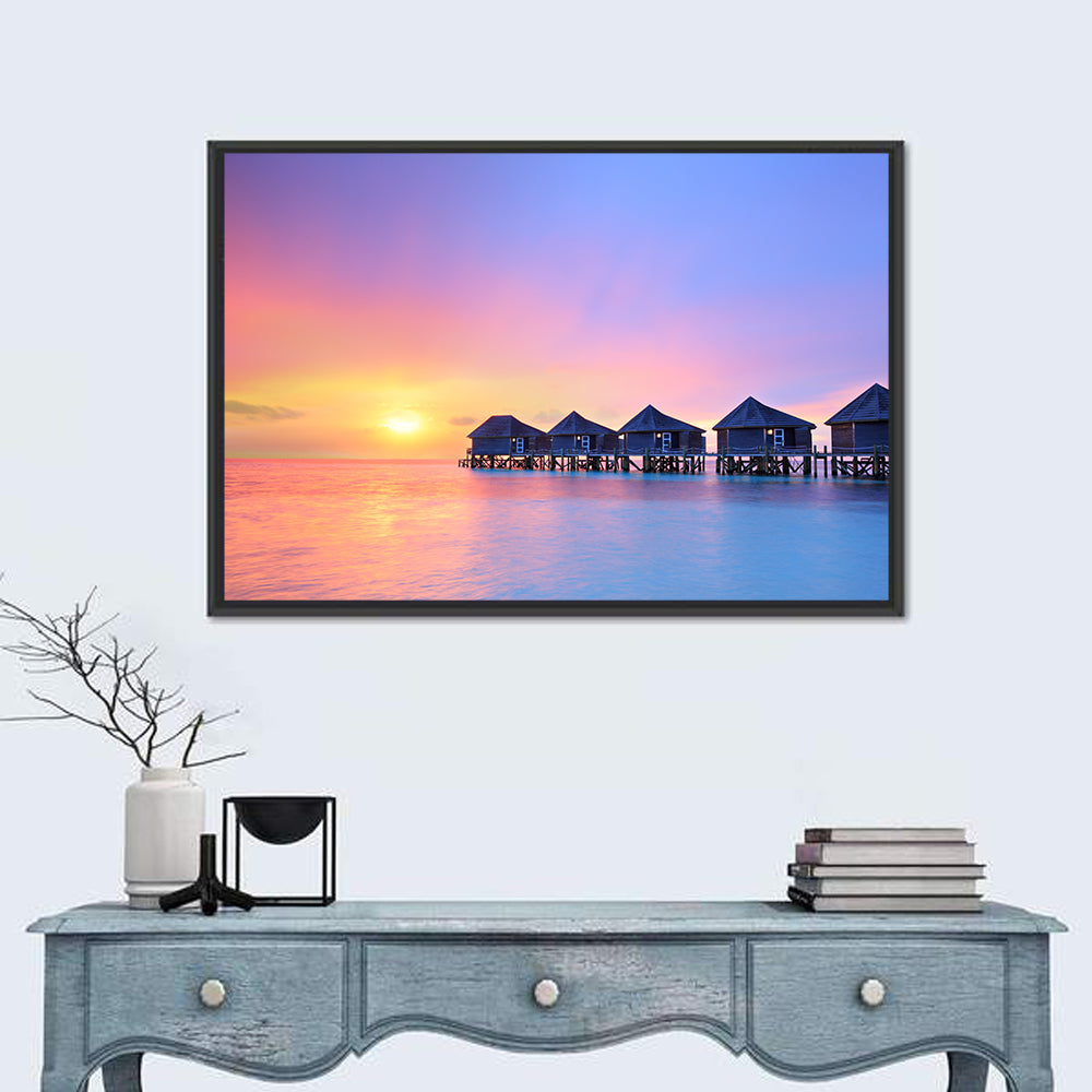 Maldives Sunset Over Water Bungalows Wall Art