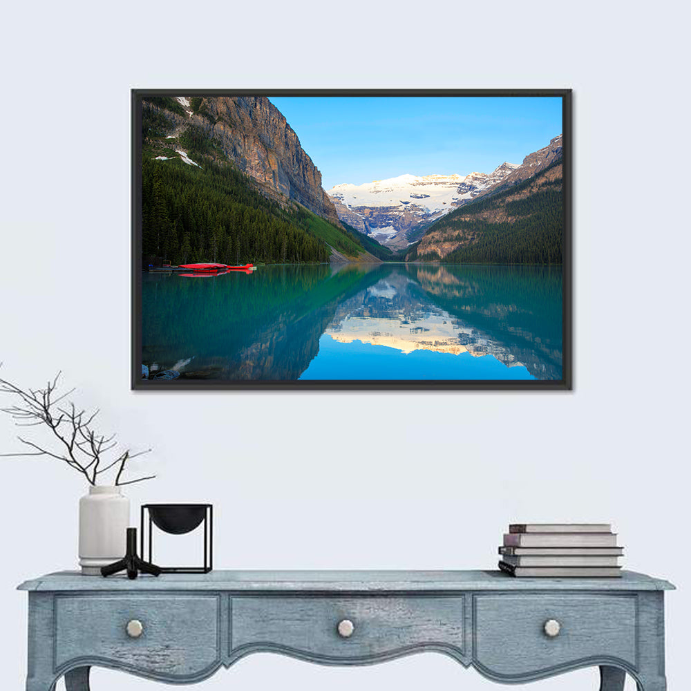 Red Canoes at Lake Louise Wall Art in a room, landscape
