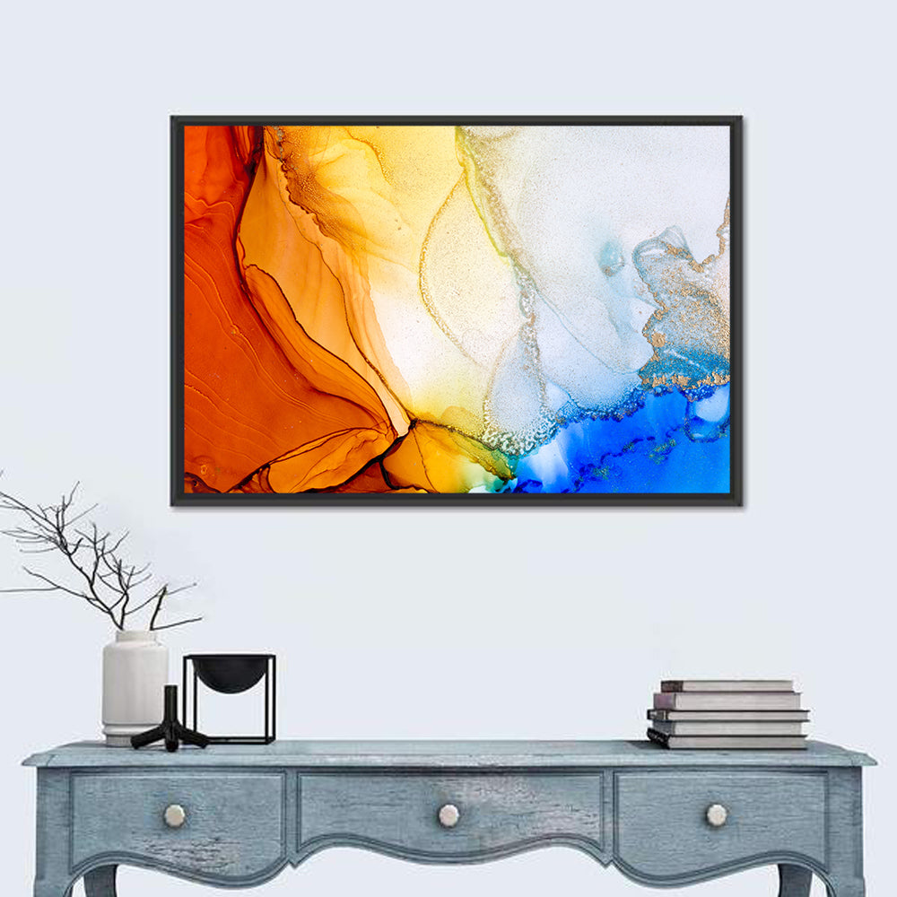 Coral Reef Fluid Ink Abstract Wall Art in a room, landscape