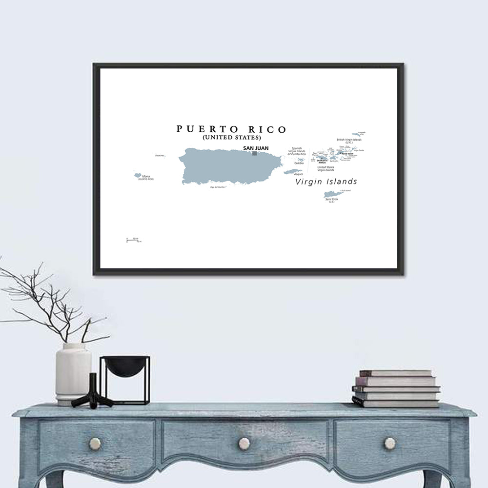 Puerto Rico and Virgin Islands Political Map Wall Art