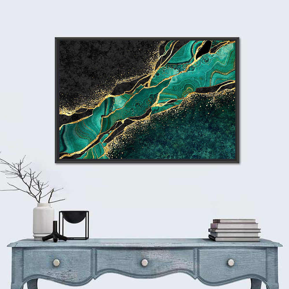 Malachite Marble with Gold Vein Wall Art in a room, landscape