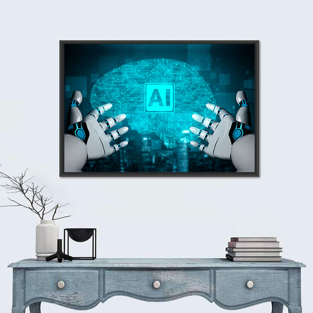 Glowing Ai Brain with Robotic Hands Wall Art in a room, landscape