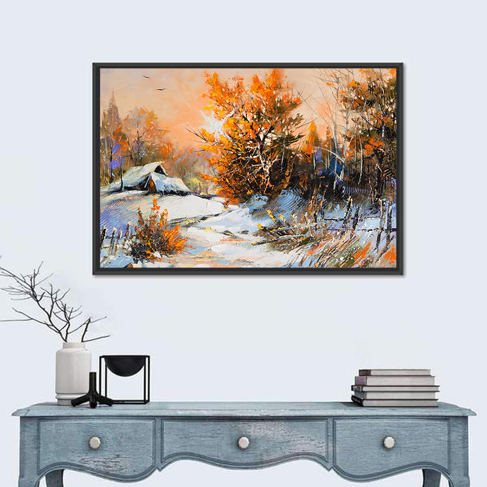 Winter Cottage Landscape Wall Art in a room, landscape