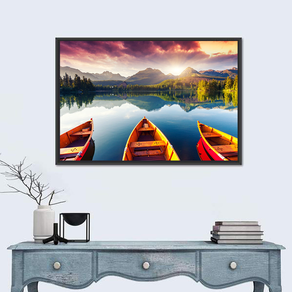 Three Boats on Slovak Mountain Lake Wall Art in a room, landscape