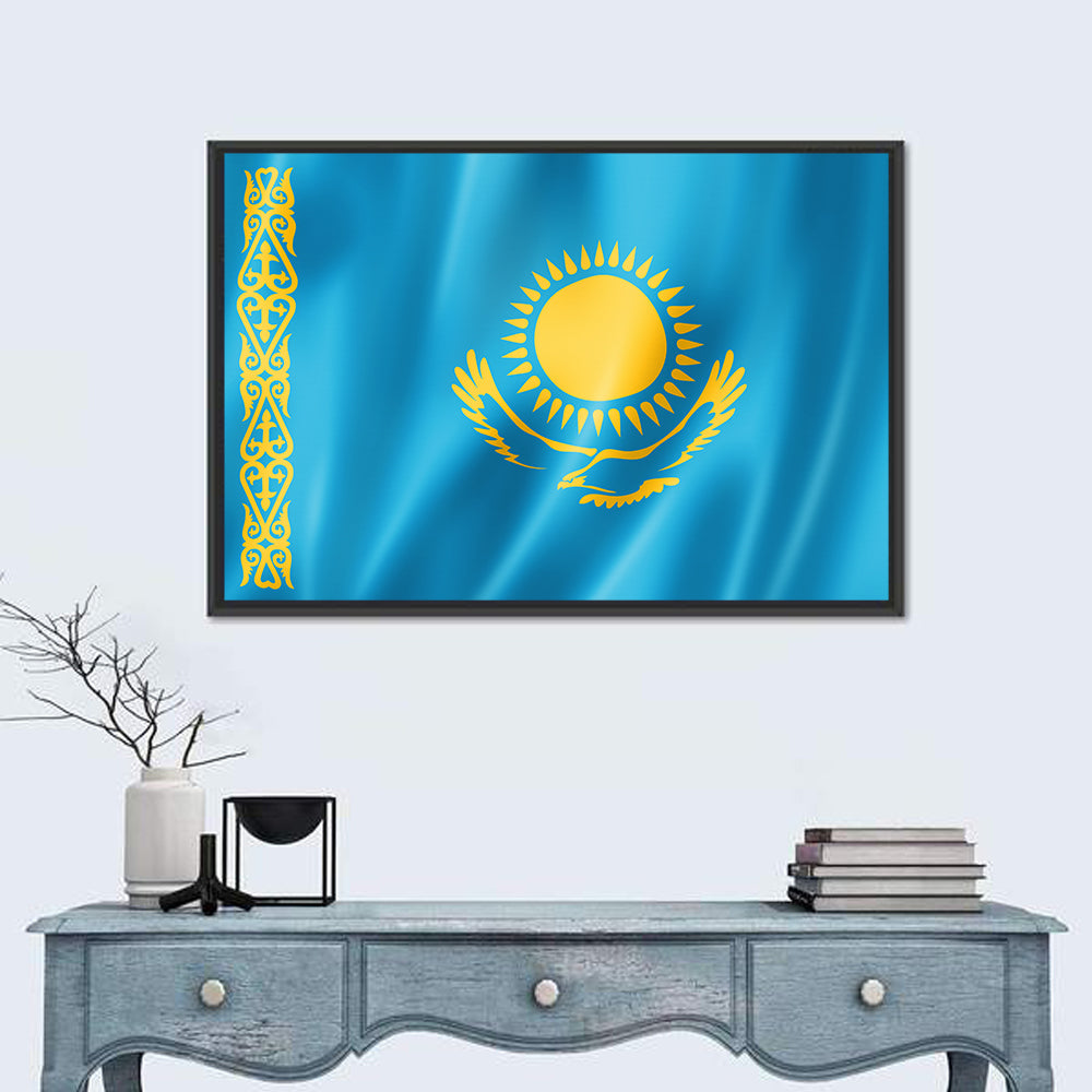 Kazakh Flag with Sun and Eagle Wall Art in a room, landscape