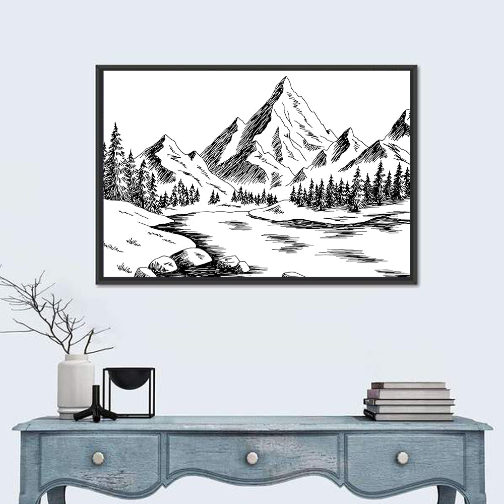 Monochrome Mountain Lake Sketch Wall Art in a room, landscape