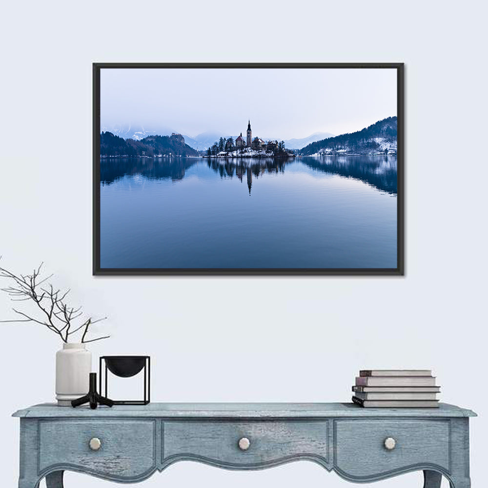 Bled Island Church in Winter Wall Art in a room, landscape