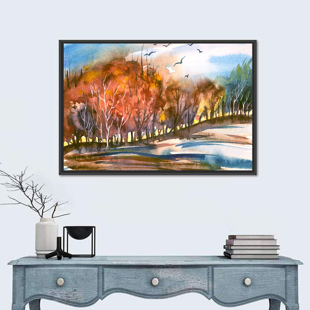Autumn Dusk Watercolor Landscape Wall Art in a room, landscape